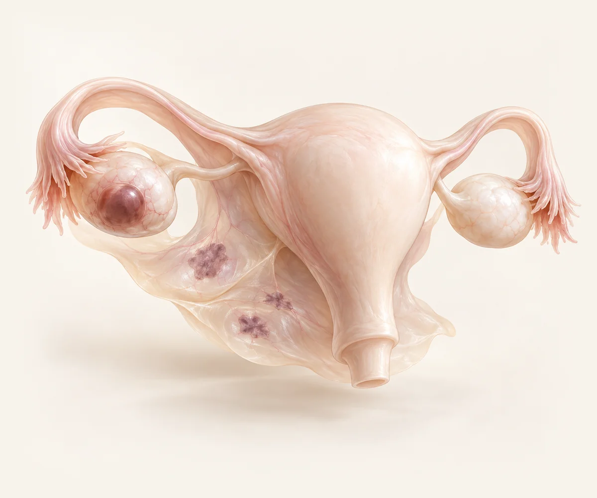 Ilustração do útero e dos ovários com endometrioma e focos peritoneais de endometriose.