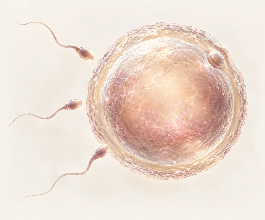 Ilustração de um óvulo e espermatozoides, representando a reprodução humana.