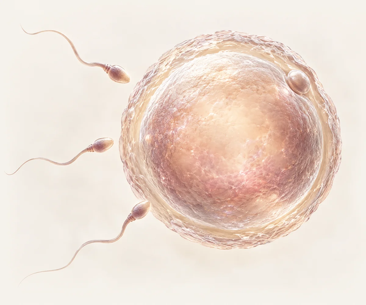 Ilustração de um óvulo e espermatozoides, representando a reprodução humana.