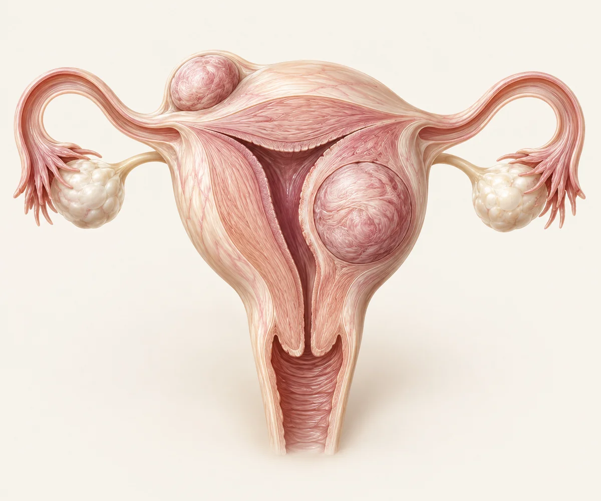 Ilustração do útero em corte com miomas na parede e na superfície uterina.